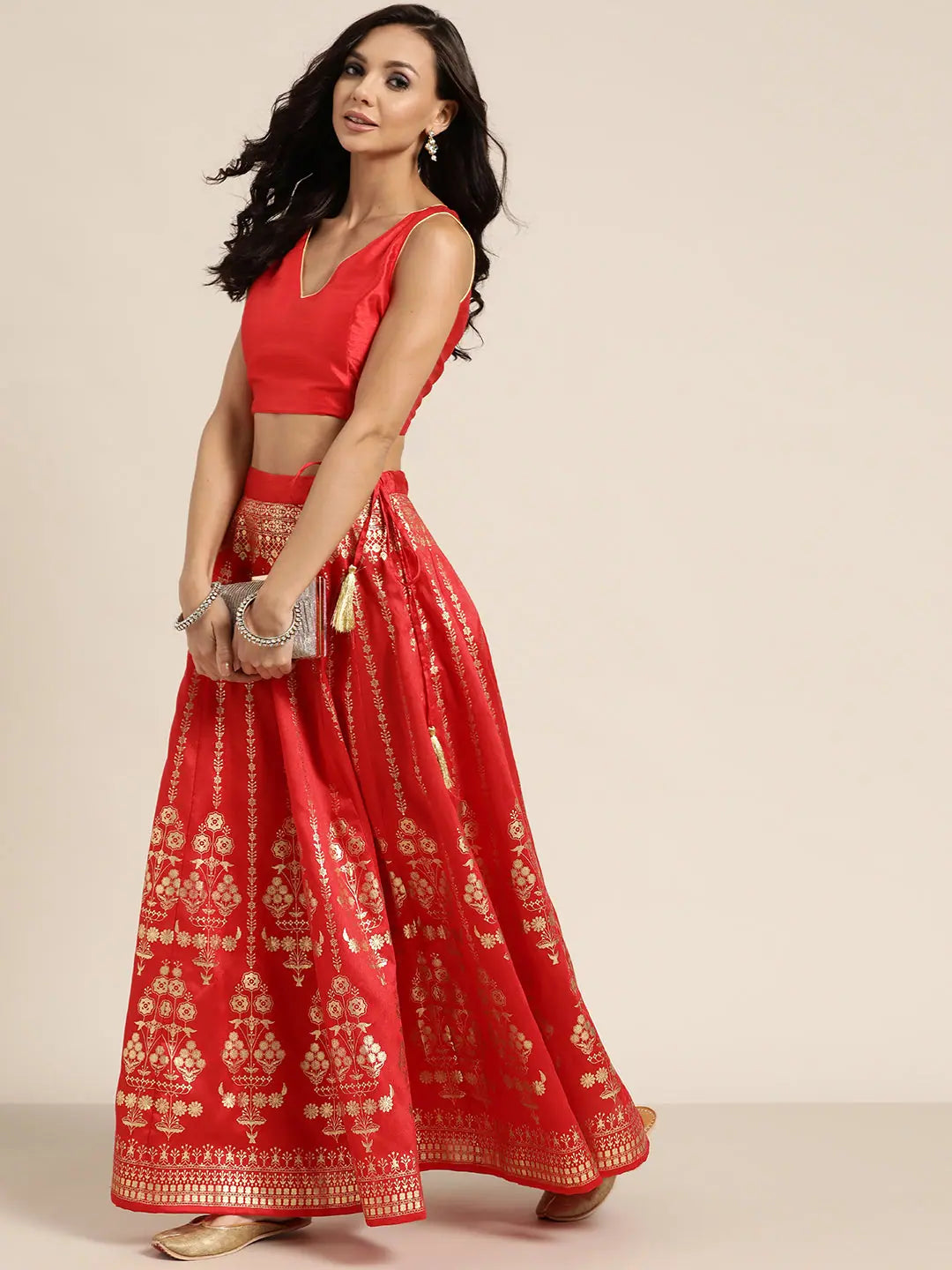 Red Foil Print Anarkali Skirt | Long Ethnic Skirts Online