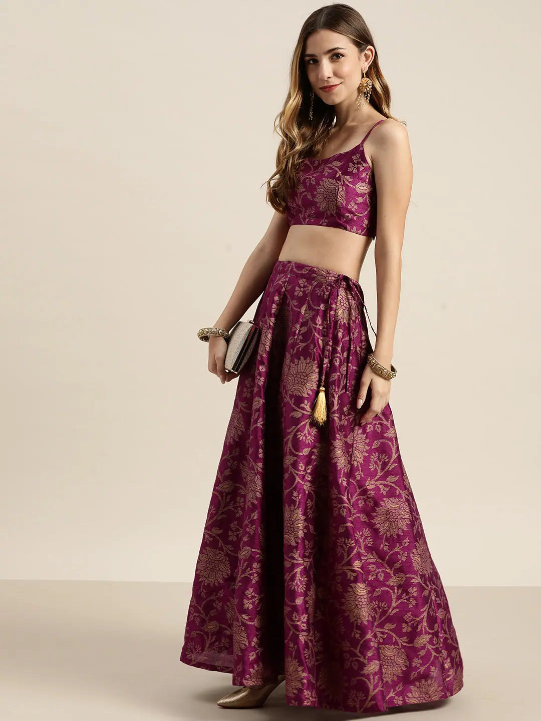 Purple Floral Jacquard Skirt | Long Ethnic Skirts for Women