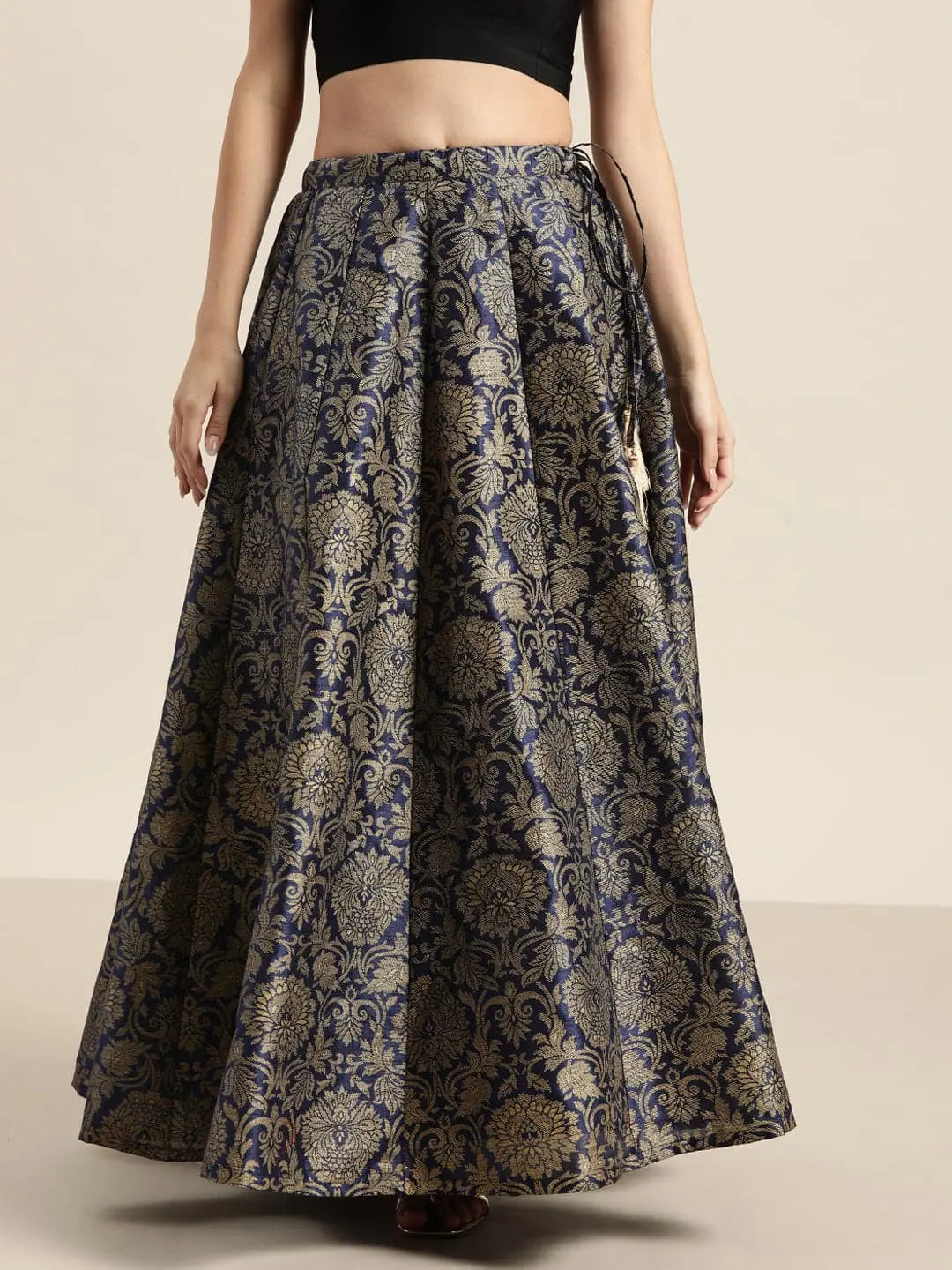 Navy Floral Jacquard Skirt | Women's Ethnic Wear Online