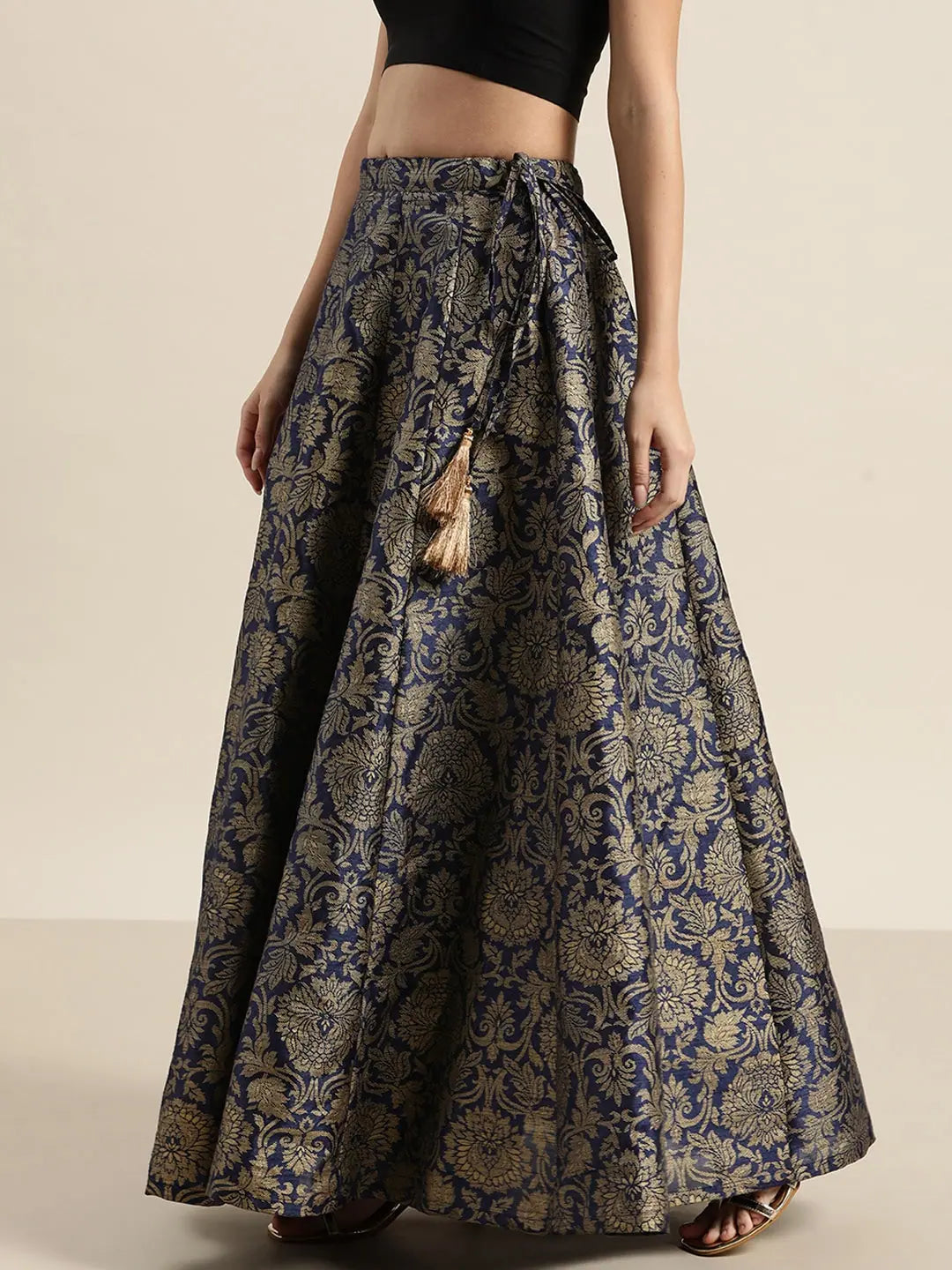 Navy Floral Jacquard Skirt | Women's Ethnic Wear Online