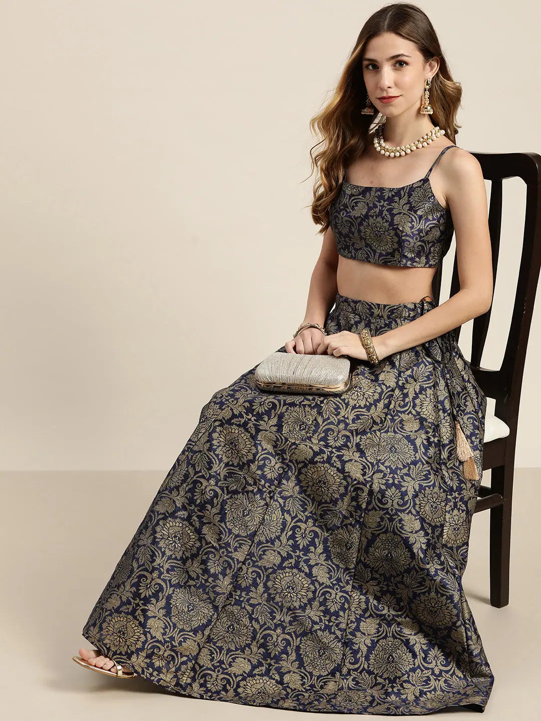 Navy Floral Jacquard Skirt | Women's Ethnic Wear Online