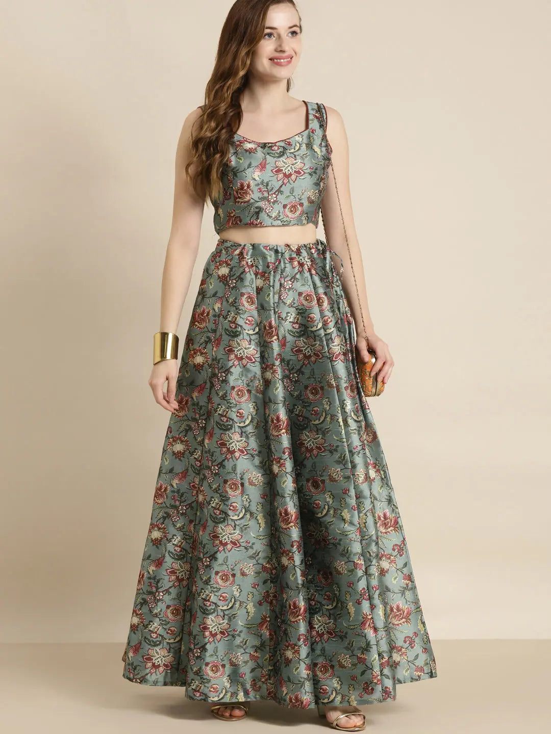 Olive Floral Anarkali Skirt | Long Ethnic Skirts for Women