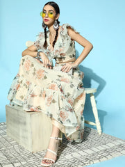 Women Beige Floral Frill Hem Skirt