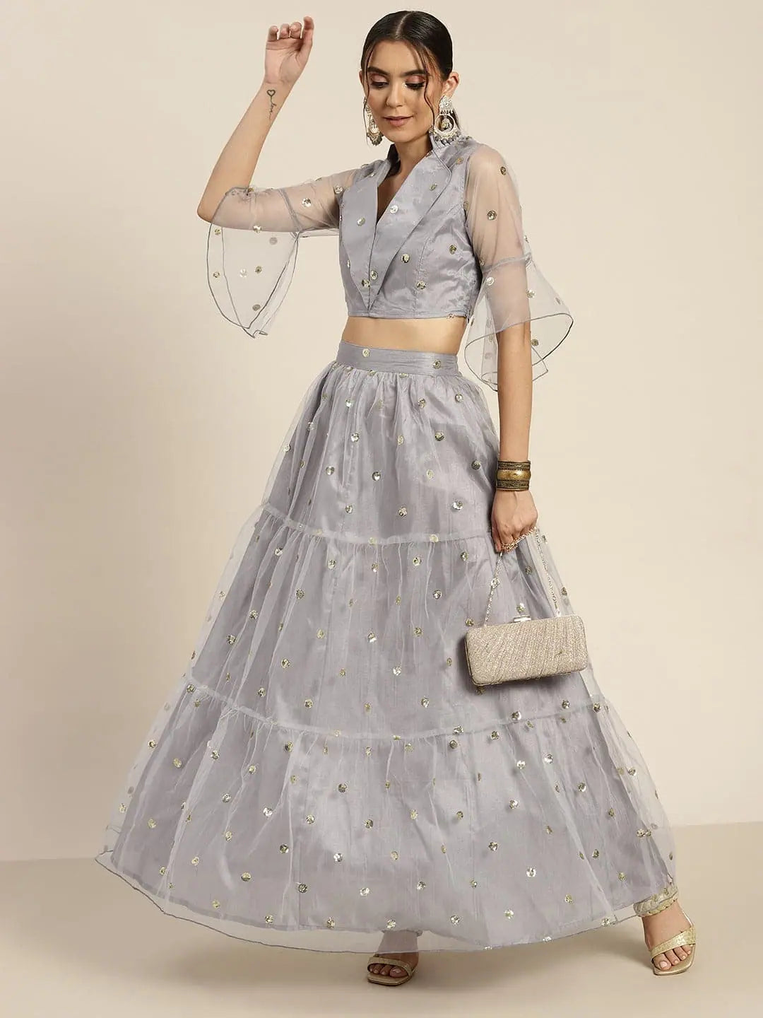 Grey Sequin Tulle Skirt - Ethnic Maxi Skirts for Women