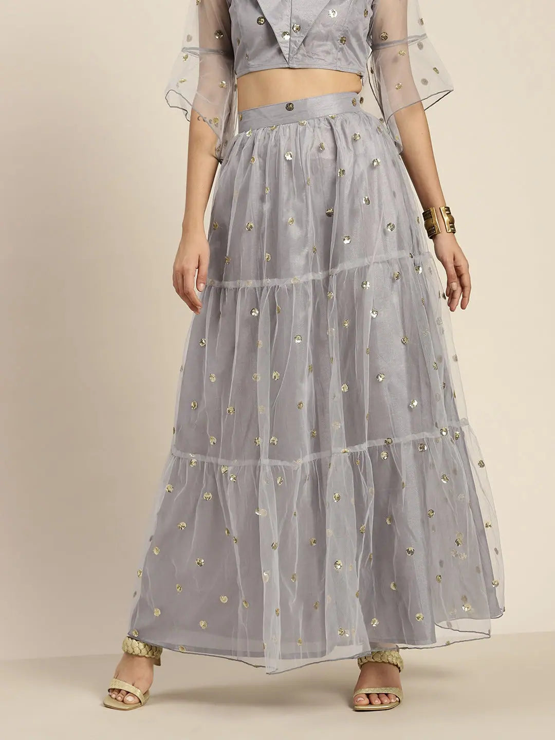 Grey Sequin Tulle Skirt - Ethnic Maxi Skirts for Women