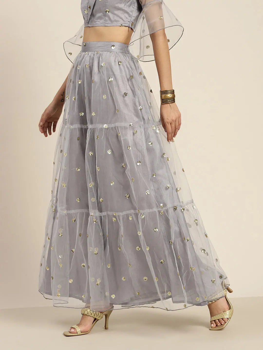 Grey Sequin Tulle Skirt - Ethnic Maxi Skirts for Women