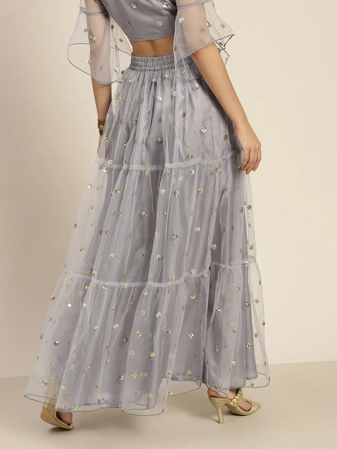 Grey Sequin Tulle Skirt - Ethnic Maxi Skirts for Women