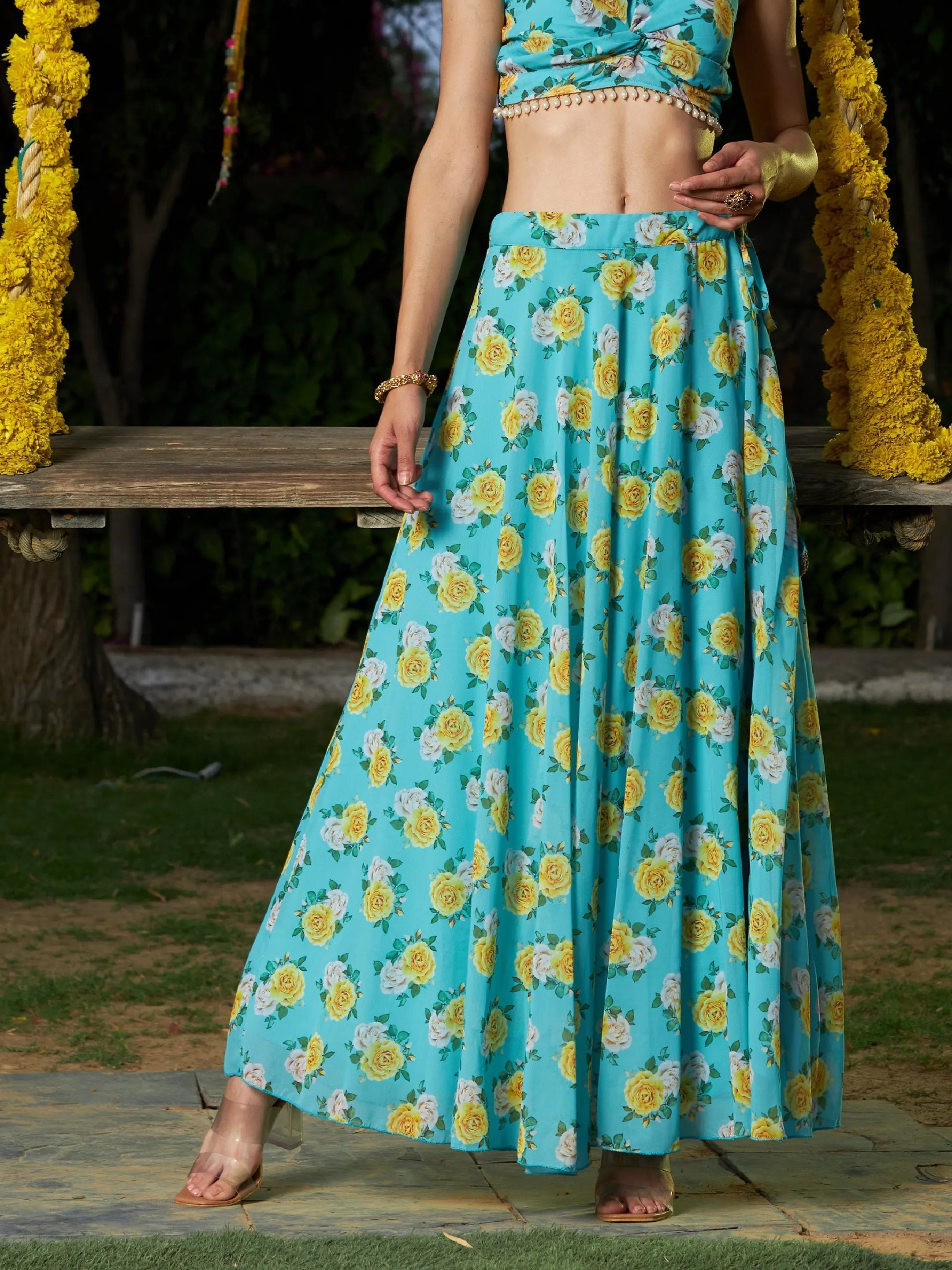 Green Floral Flared Skirt | Women's Western Clothing