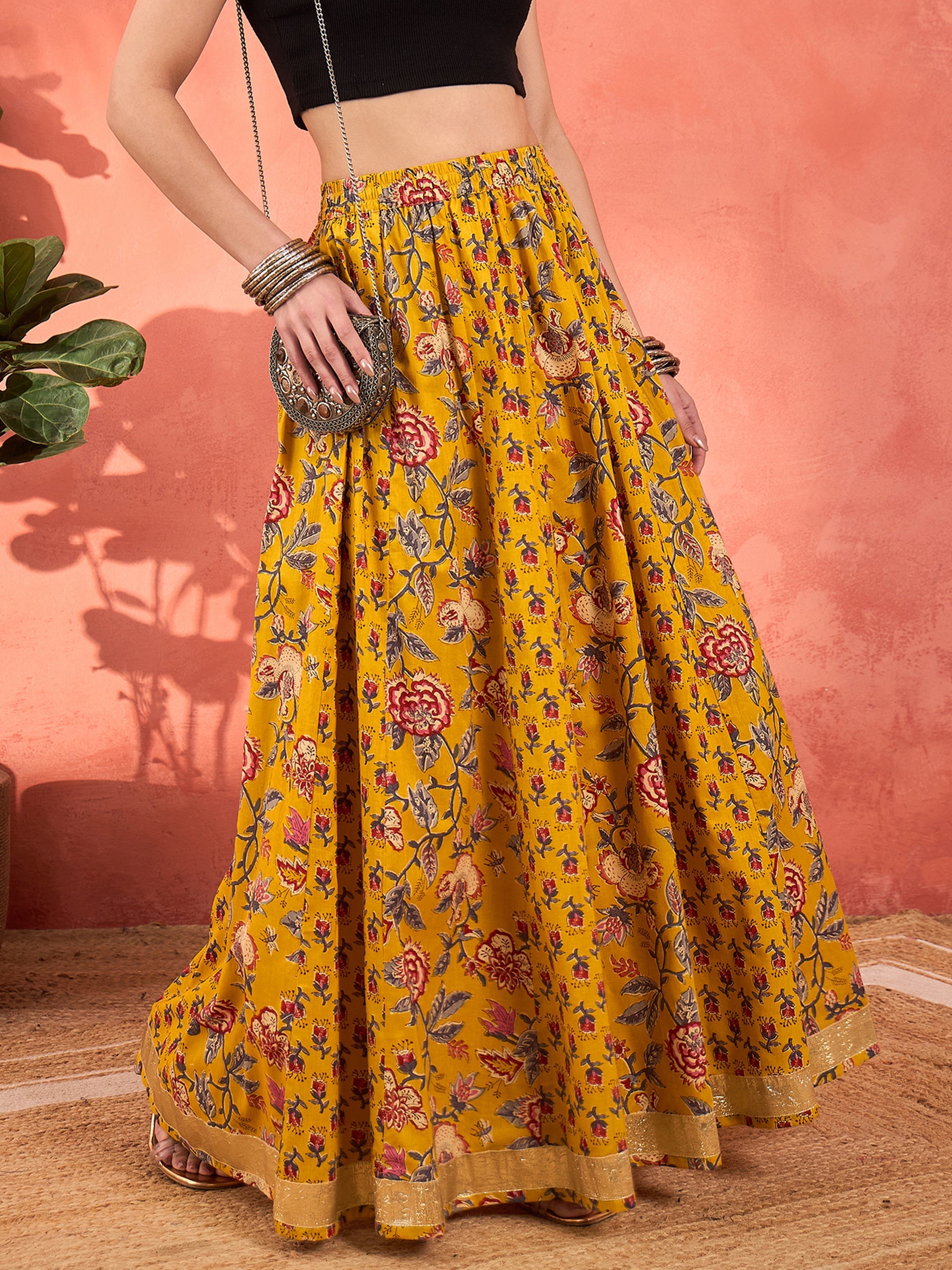 Women Yellow Floral Elasticated Anarkali Skirt-SHSKRT30529