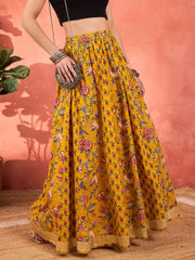 Women Yellow Floral Elasticated Anarkali Skirt-SHSKRT30529