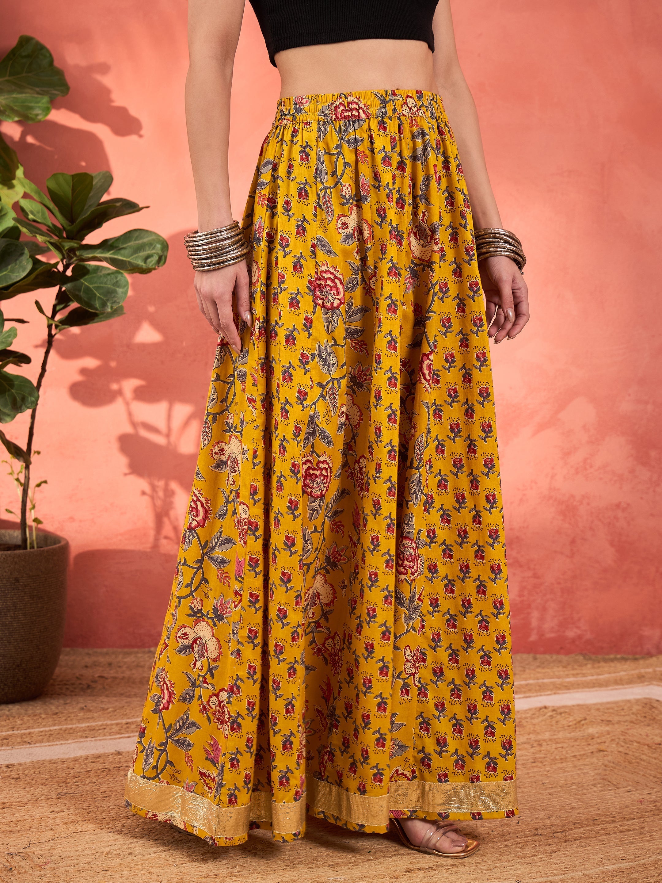 Women Yellow Floral Elasticated Anarkali Skirt-SHSKRT30529