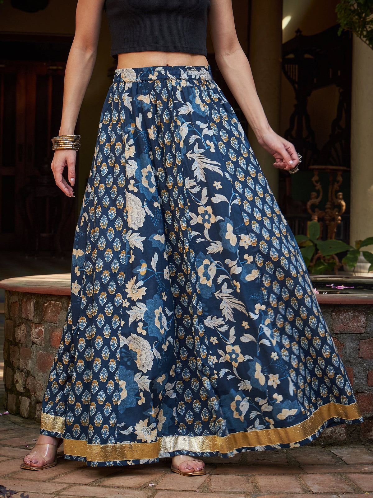 Women Navy Floral Elasticated Anarkali Skirt-SHSKRT30530