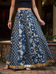 Women Navy Floral Elasticated Anarkali Skirt-SHSKRT30530