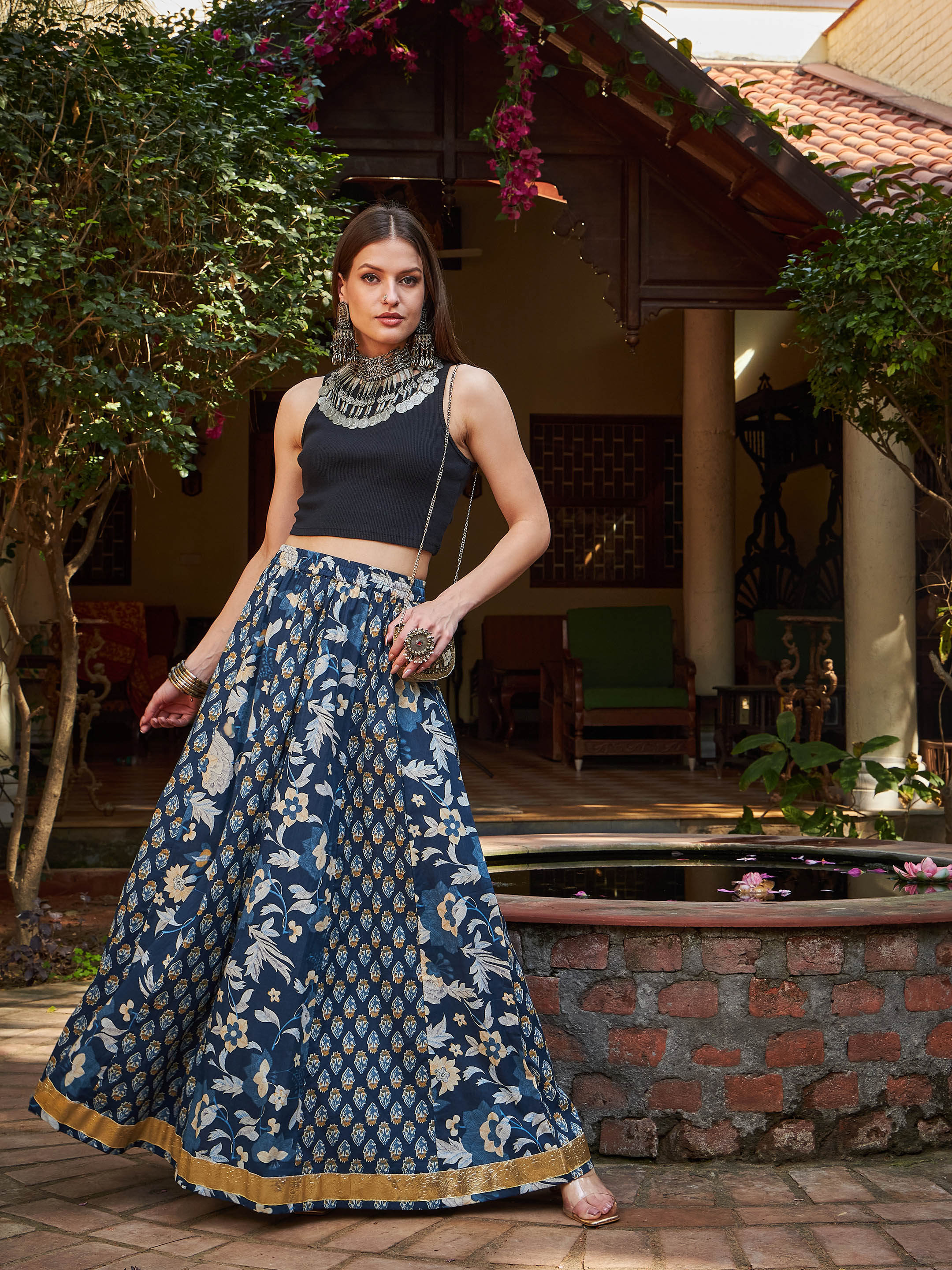 Women Navy Floral Elasticated Anarkali Skirt-SHSKRT30530