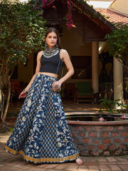 Women Navy Floral Elasticated Anarkali Skirt-SHSKRT30530