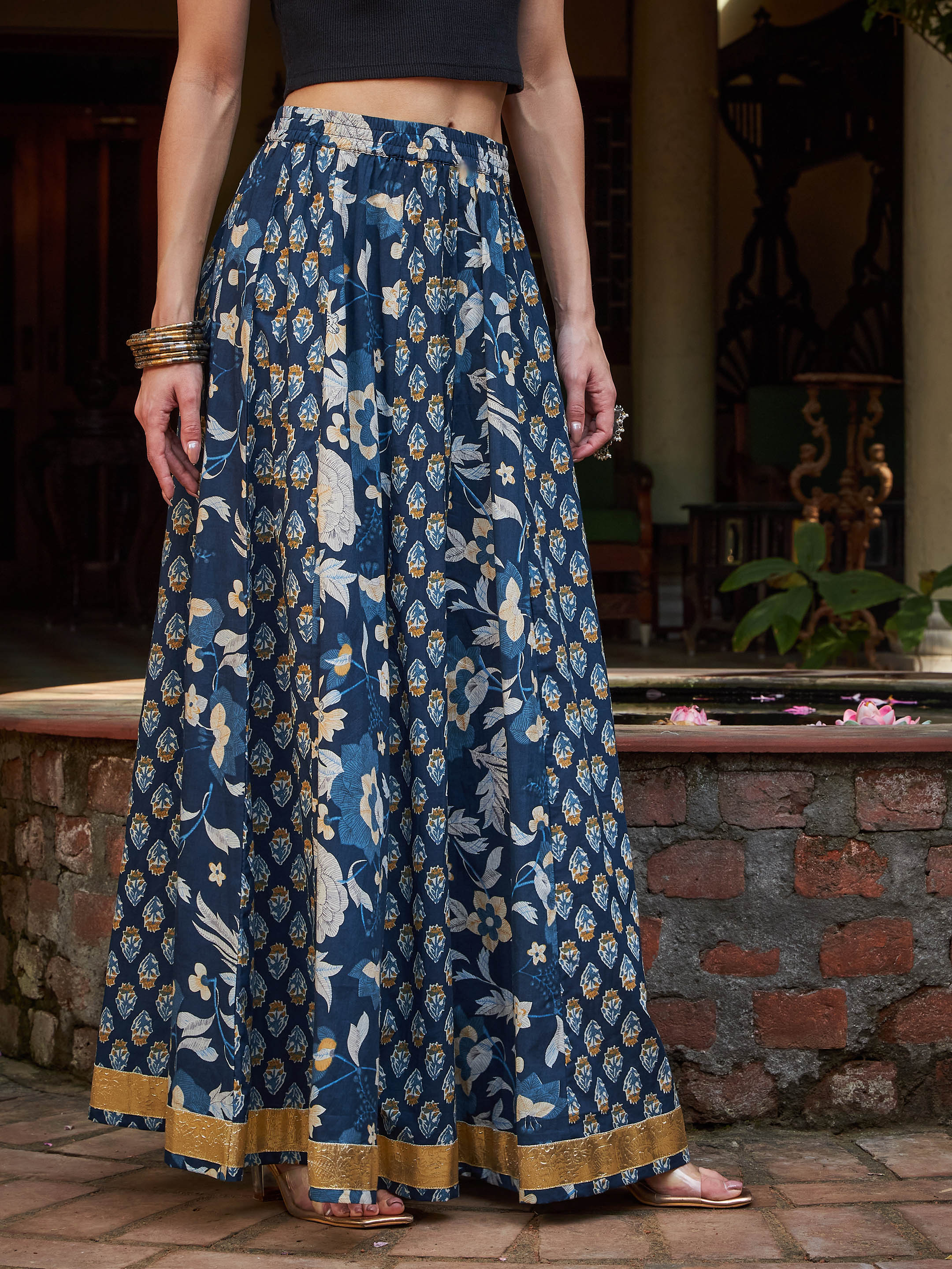 Women Navy Floral Elasticated Anarkali Skirt-SHSKRT30530