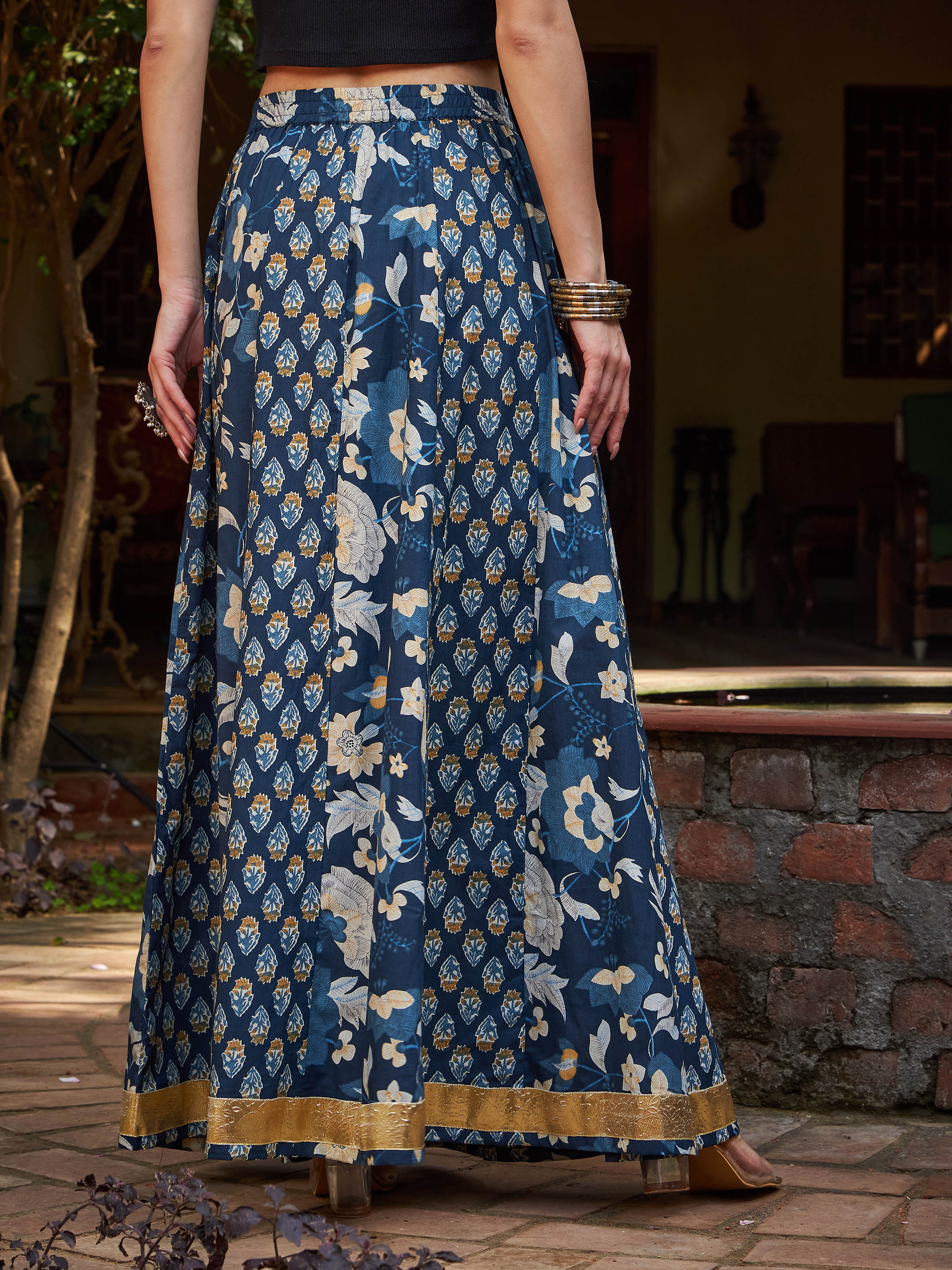 Women Navy Floral Elasticated Anarkali Skirt-SHSKRT30530