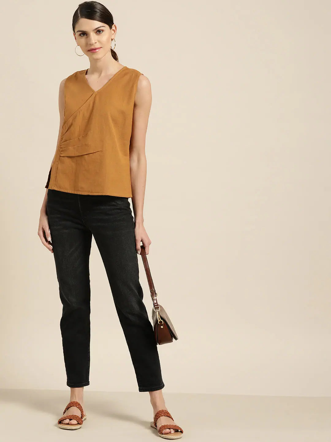 Brown Wrap Sleeveless Top | Cotton Flex Comfort Fit