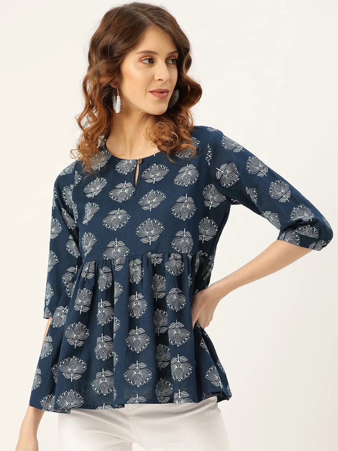 Navy Lotus Print Peplum Top | Women's Lehenga Choli Inspired