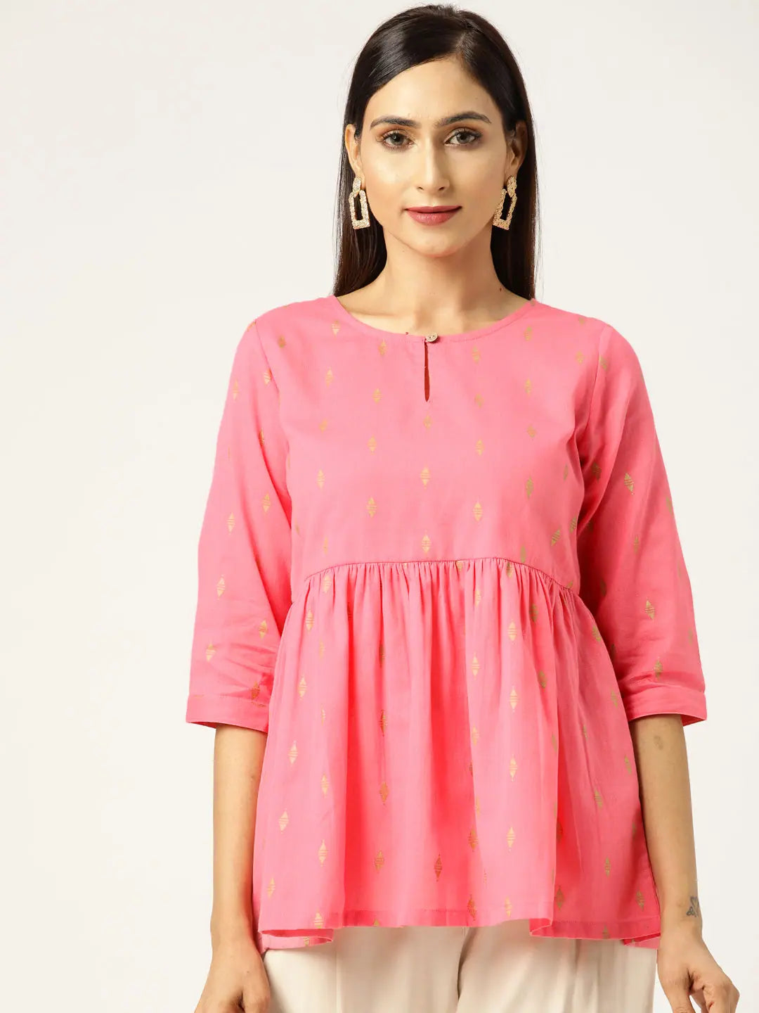 Pink Foil Print Peplum Top | Cotton Fabric