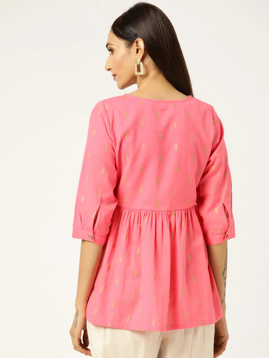 Pink Foil Print Peplum Top | Cotton Fabric
