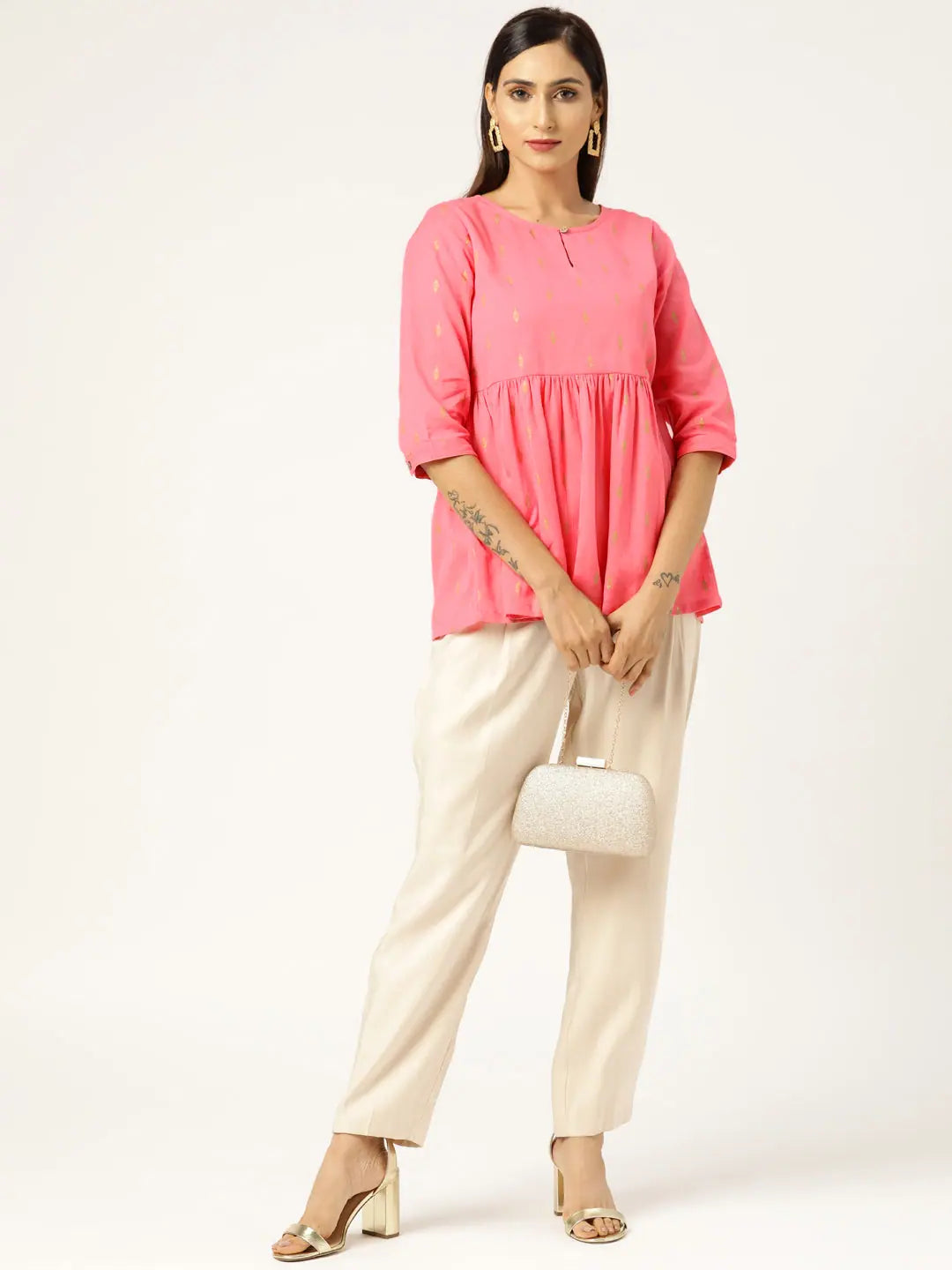 Pink Foil Print Peplum Top | Cotton Fabric