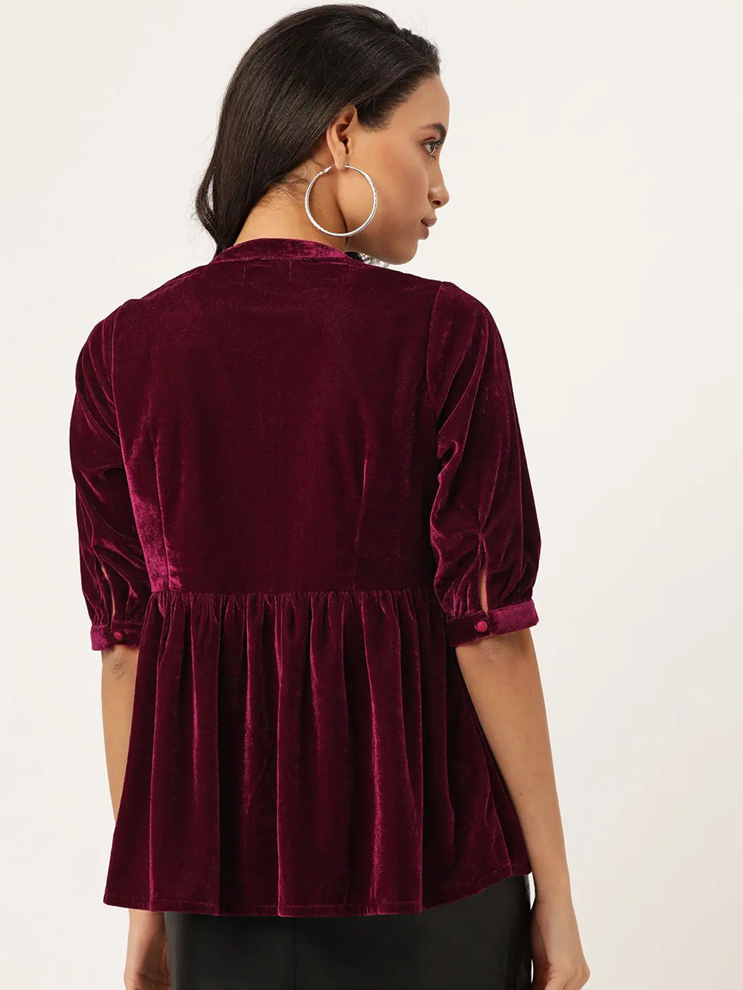 Burgundy Velvet Button Top - Fit & Flare, Gathered Detail