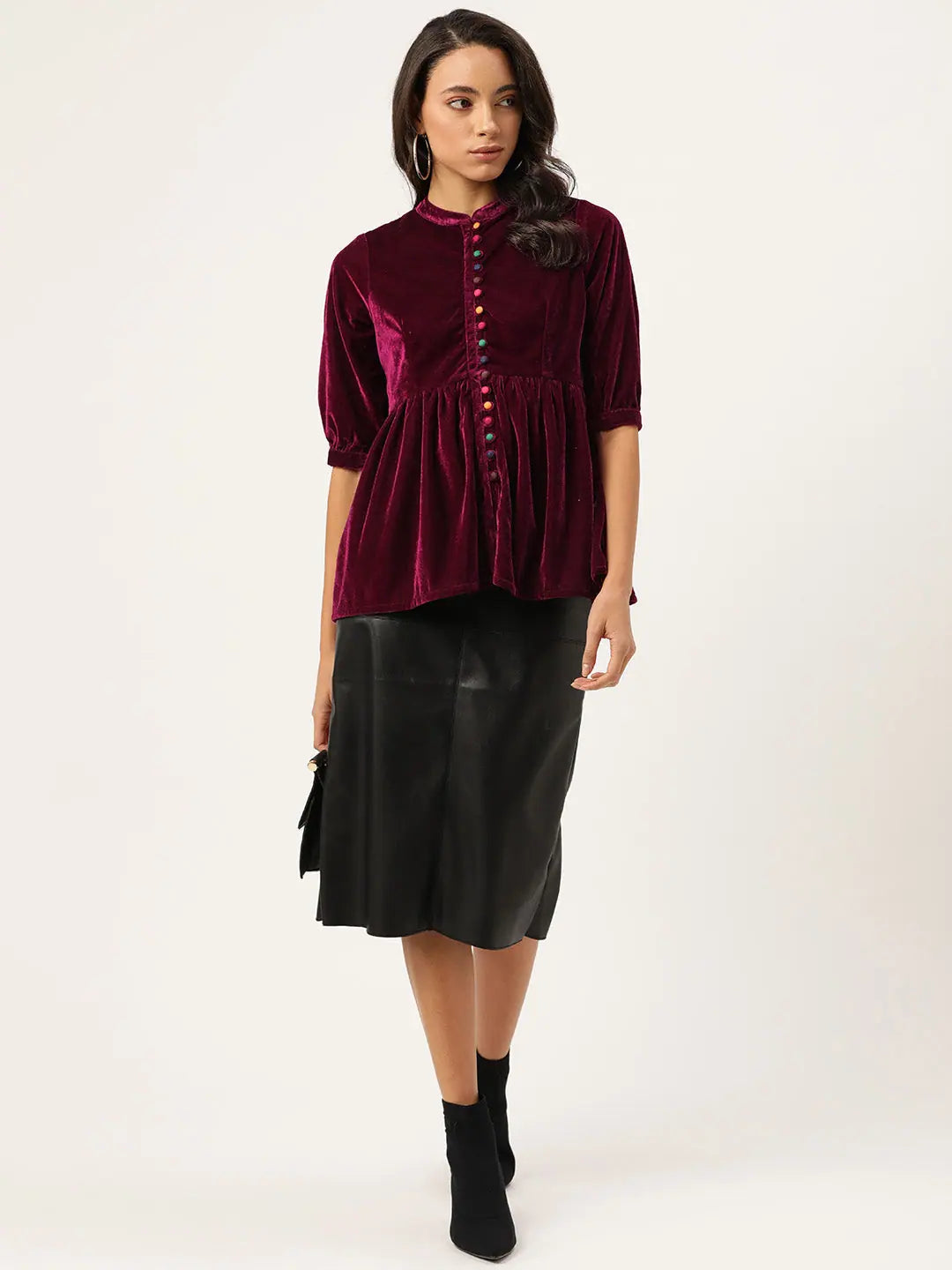 Burgundy Velvet Button Top - Fit & Flare, Gathered Detail