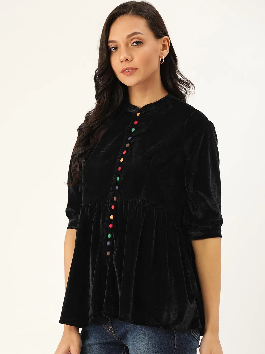 Black Velvet Button Top | Fit & Flare Design