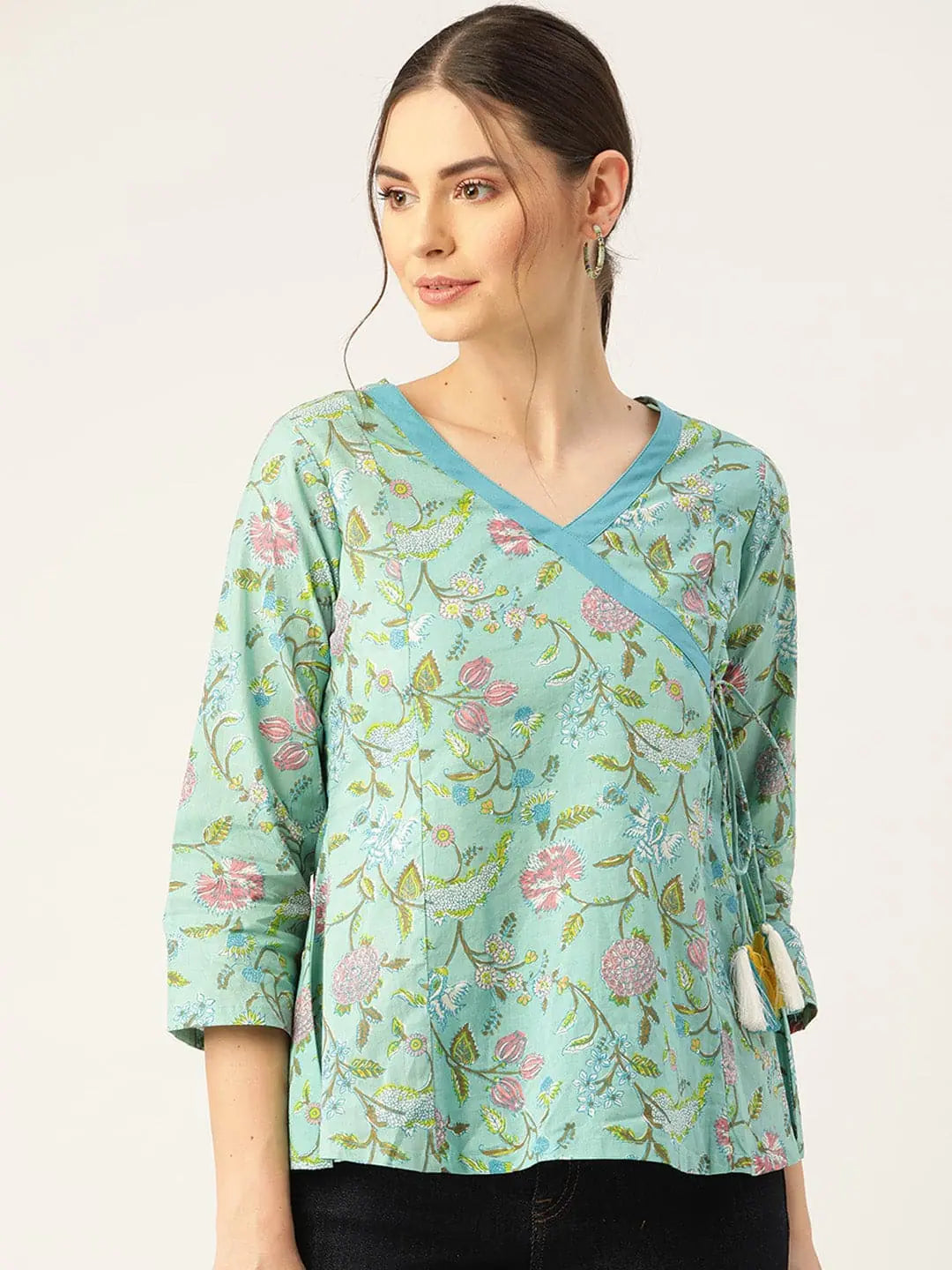 Sea Green Floral Angrakha Top | Women's Western Clothing Styles