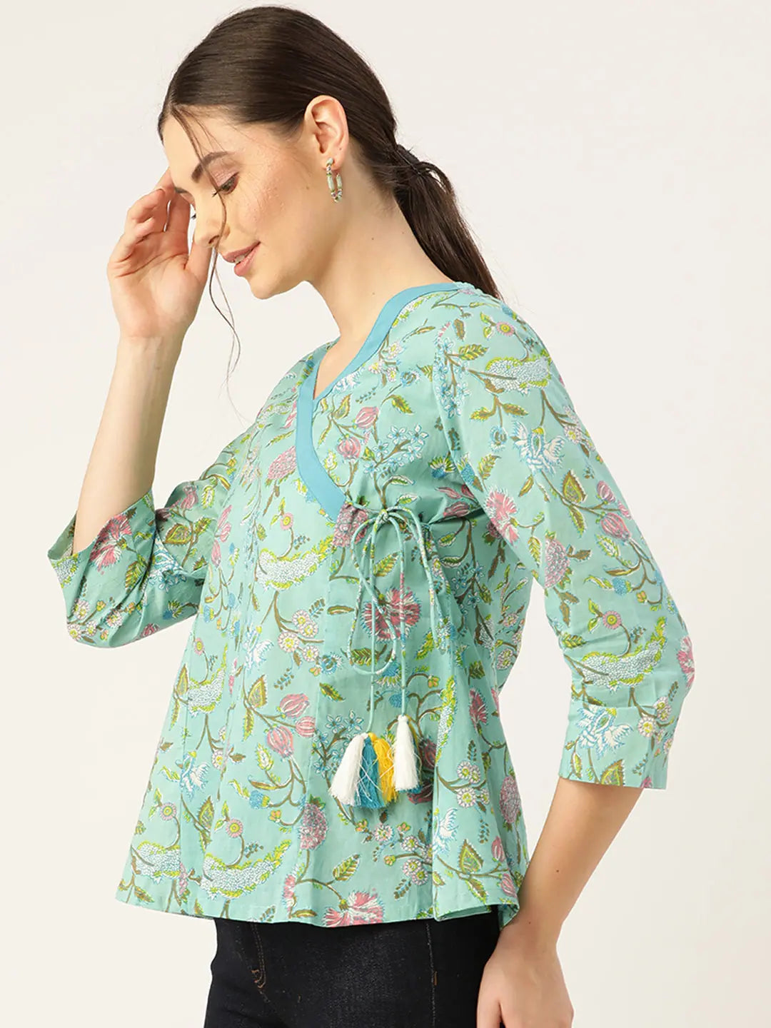 Sea Green Floral Angrakha Top | Women's Western Clothing Styles