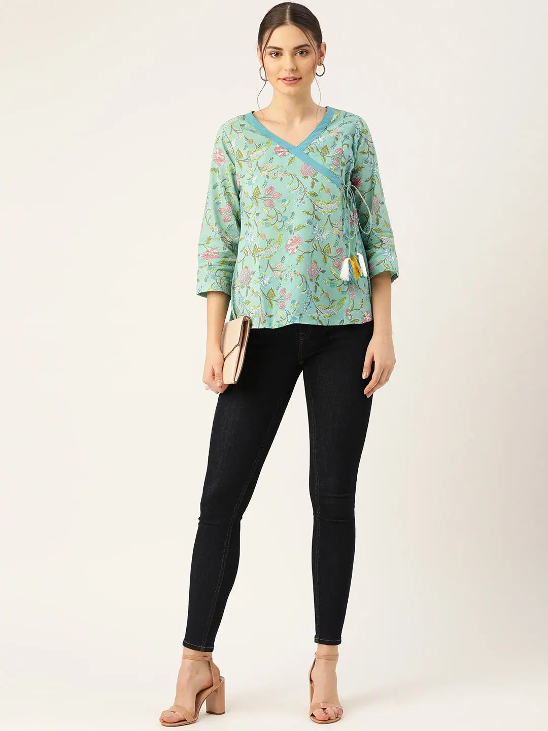 Sea Green Floral Angrakha Top | Women's Western Clothing Styles