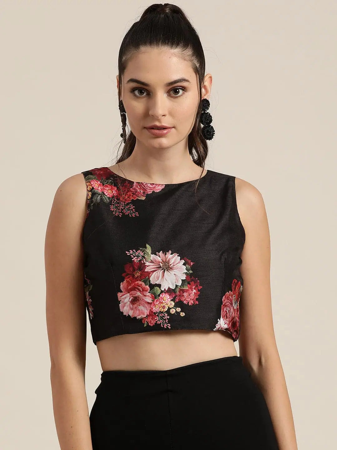 Black Floral Crop Top - Poly Silk Fabric, Lehenga Choli Altern...