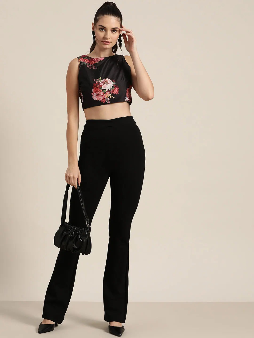 Black Floral Crop Top - Poly Silk Fabric, Lehenga Choli Altern...