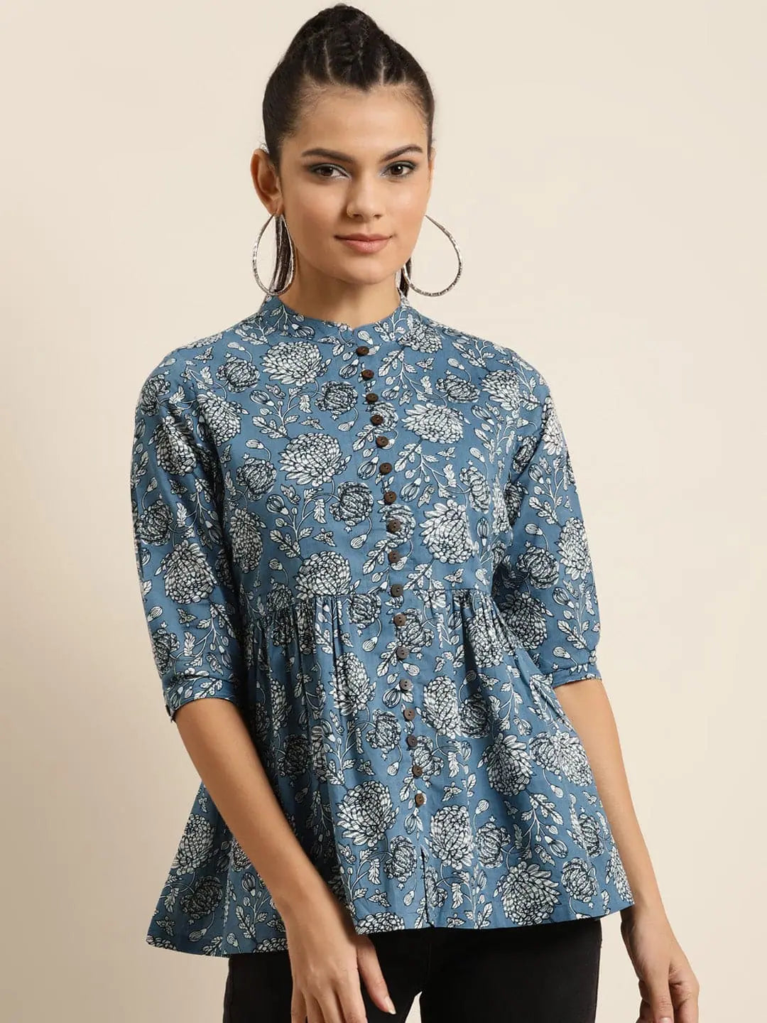 Blue Floral Button Top - Gathered Cambric | Women's Fashion