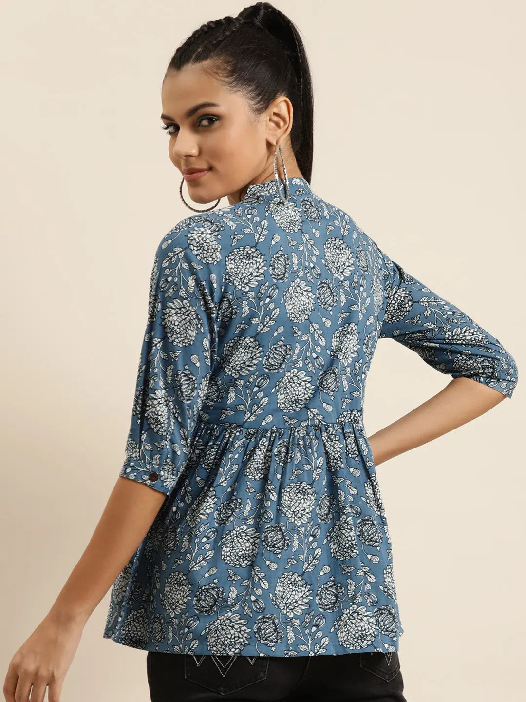 Blue Floral Button Top - Gathered Cambric | Women's Fashion
