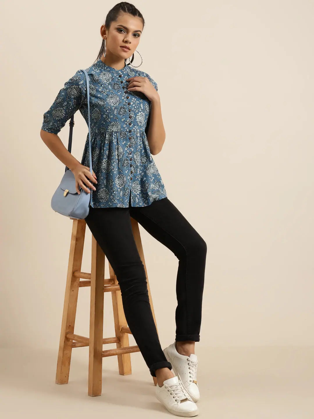 Blue Floral Button Top - Gathered Cambric | Women's Fashion