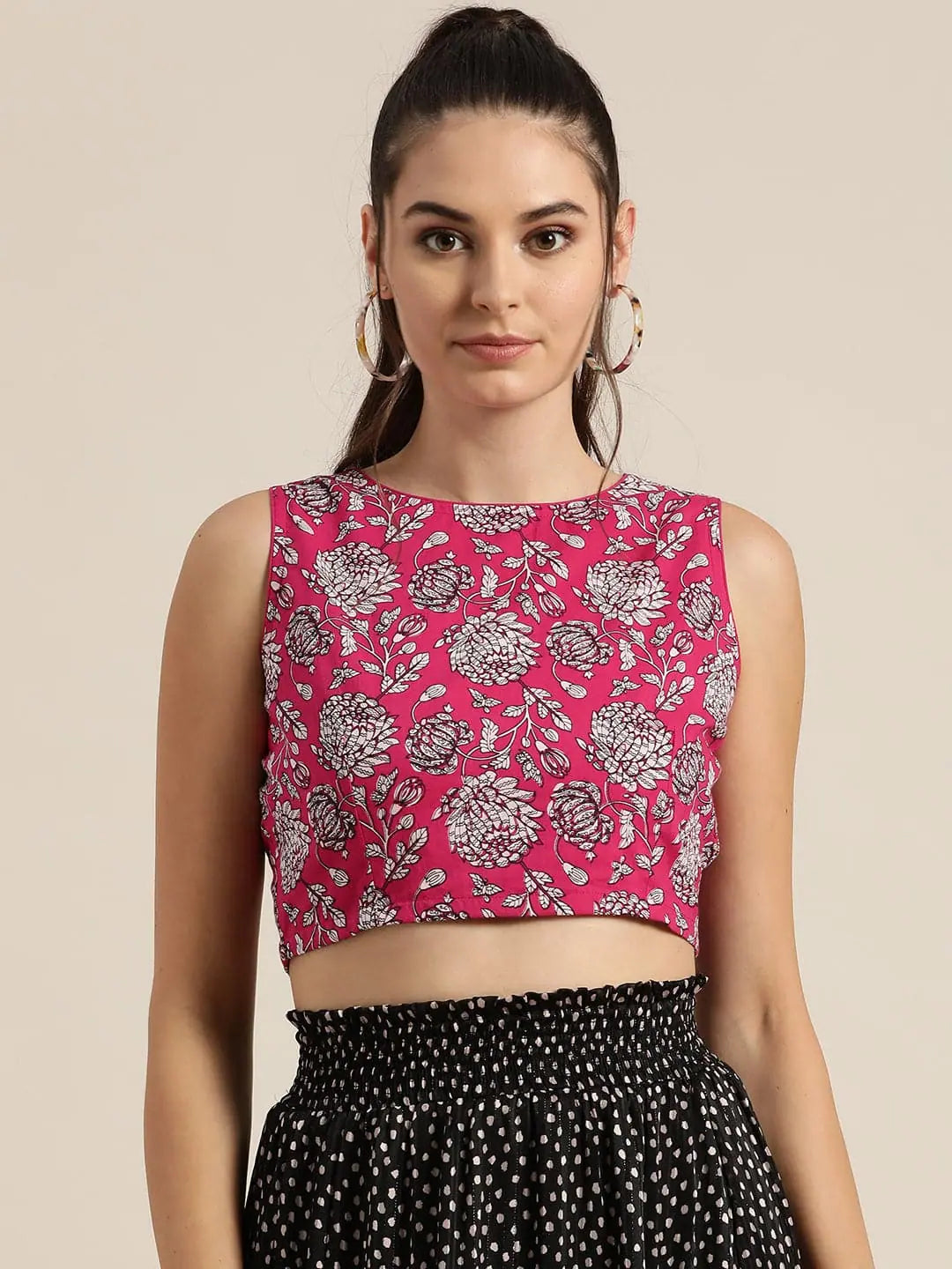 Fuchsia Floral Crop Top - Cotton Cambric, Festive Lehenga Look