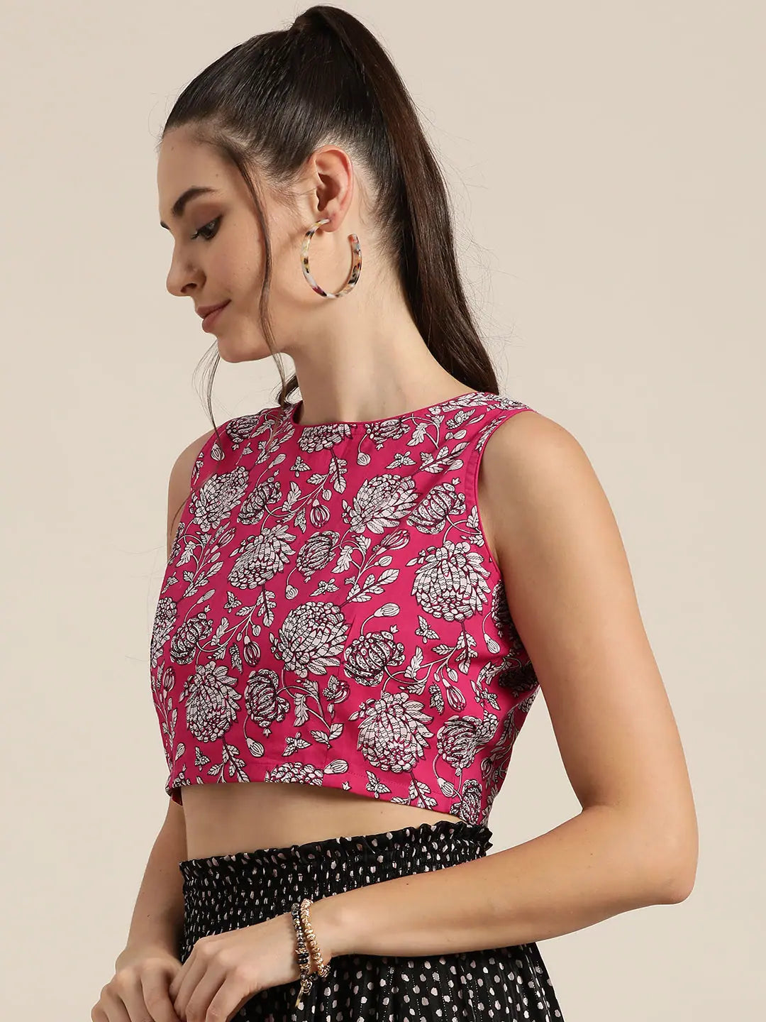 Fuchsia Floral Crop Top - Cotton Cambric, Festive Lehenga Look