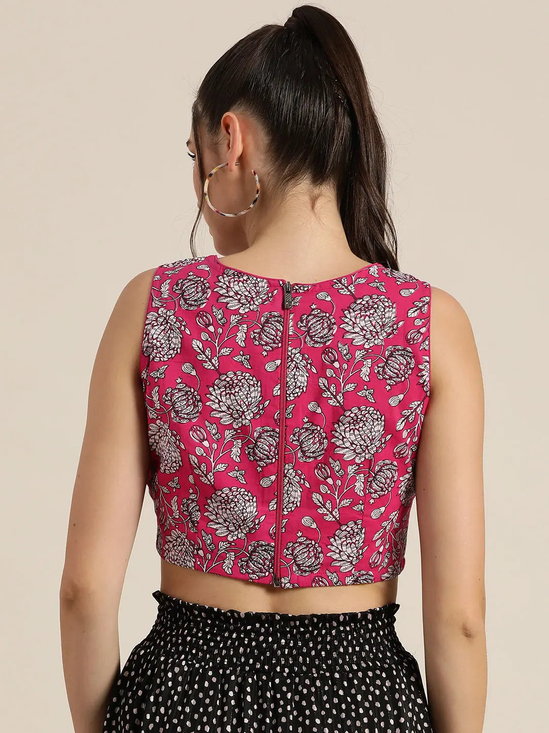 Fuchsia Floral Crop Top - Cotton Cambric, Festive Lehenga Look