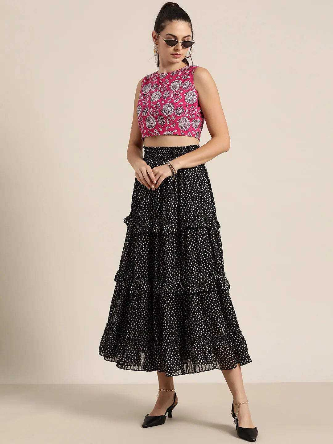 Fuchsia Floral Crop Top - Cotton Cambric, Festive Lehenga Look
