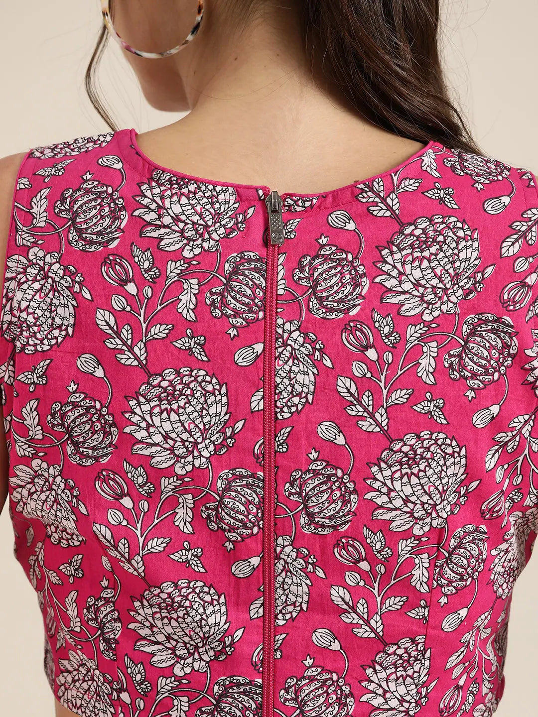 Fuchsia Floral Crop Top - Cotton Cambric, Festive Lehenga Look