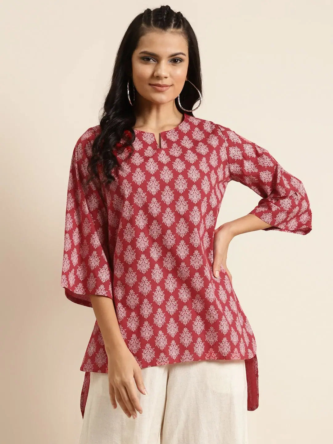 Red Floral High Low Top - Women's Printed Cotton Top