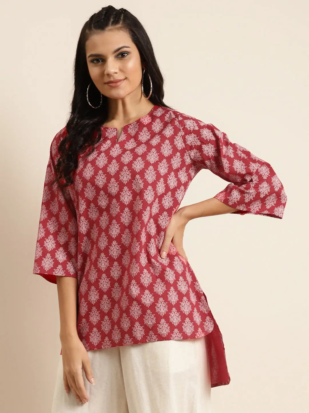Red Floral High Low Top - Women's Printed Cotton Top