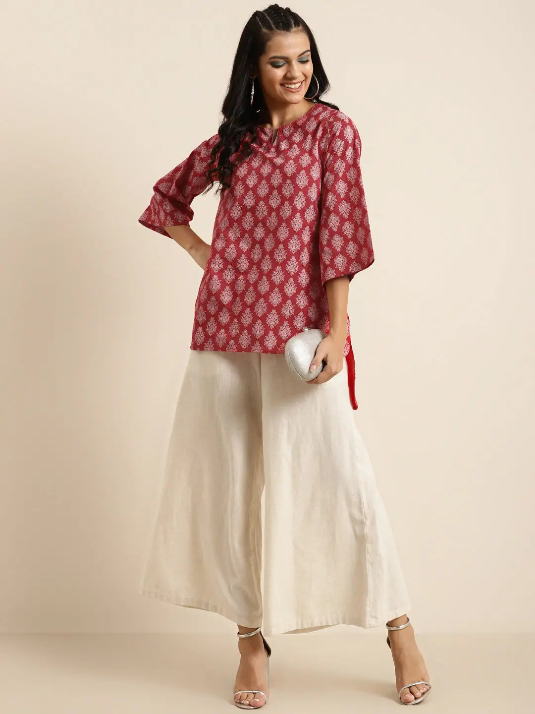 Red Floral High Low Top - Women's Printed Cotton Top