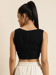 Black Sleeveless Embroidered Crop Top