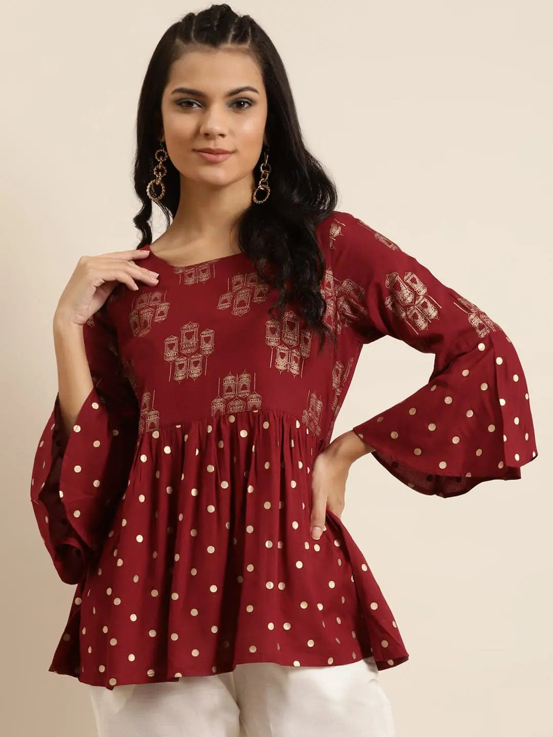 Maroon Flared Sleeve Top - Women's Western Wear Outfits