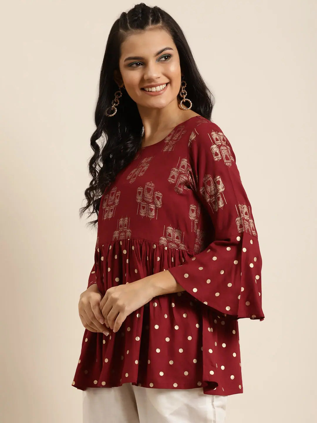 Maroon Flared Sleeve Top - Women's Western Wear Outfits