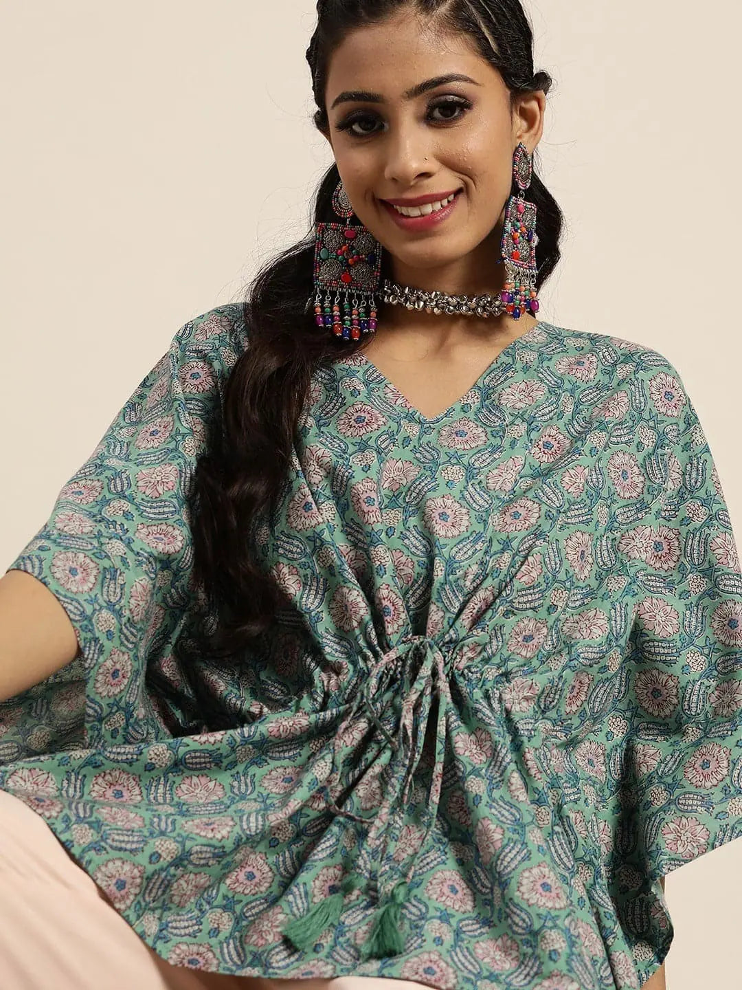 Sea Green Floral Short Kurti - Women's Indian Top Kaftan Style