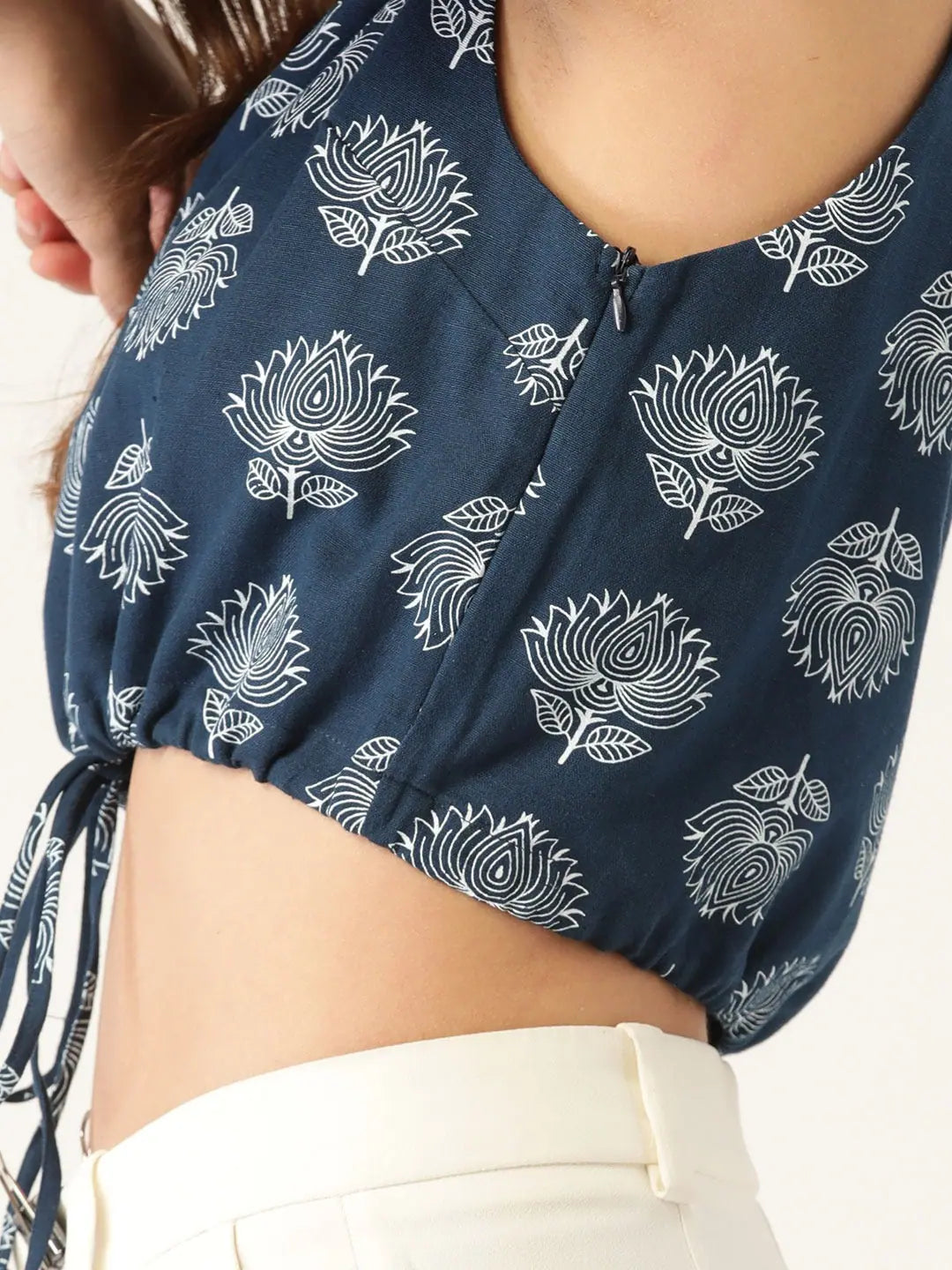 Navy Lotus Print Crop Top - Women's Strappy Cotton Top